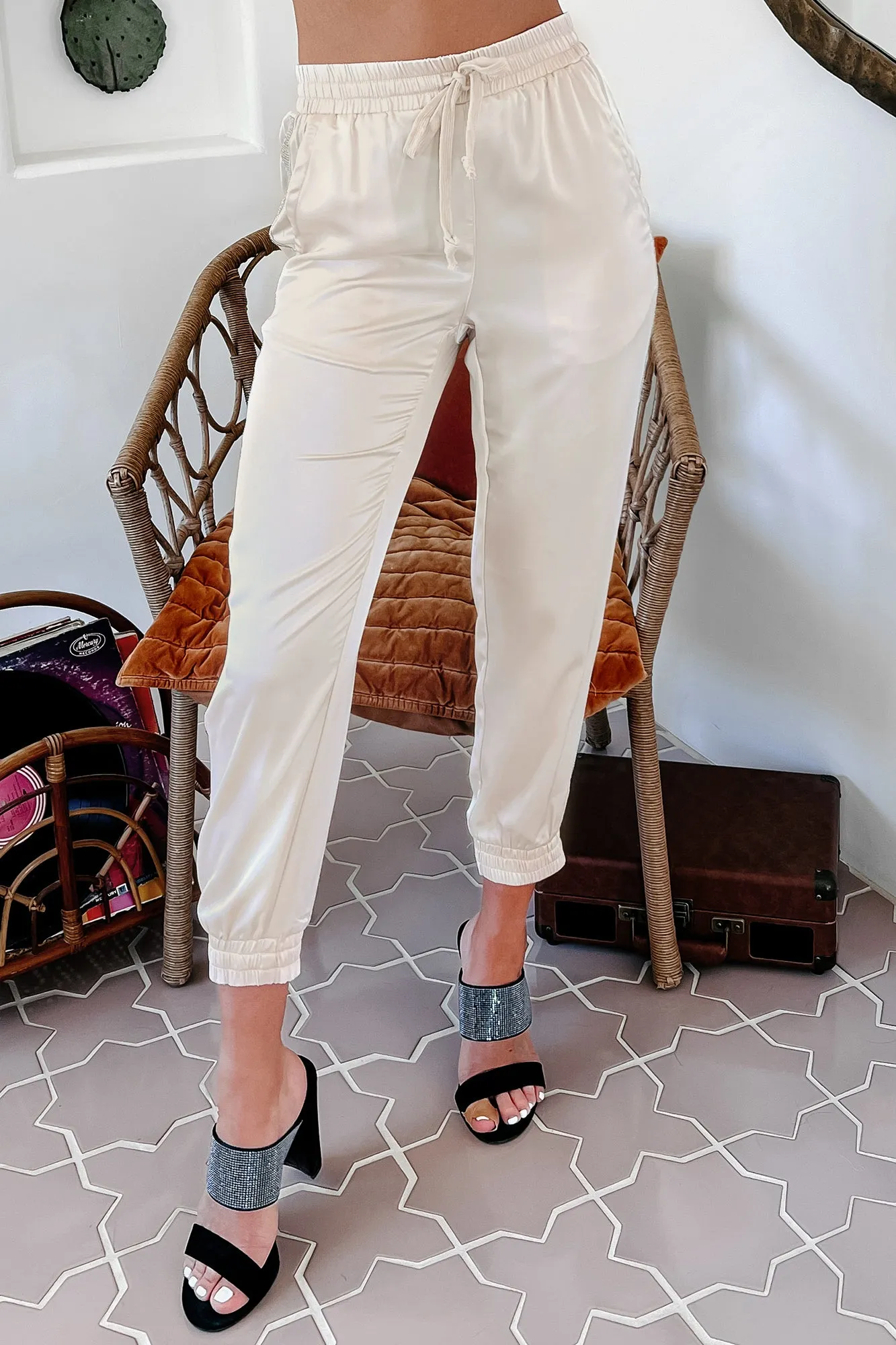 Bling It On Satin Rhinestone Trim Joggers (Beige)