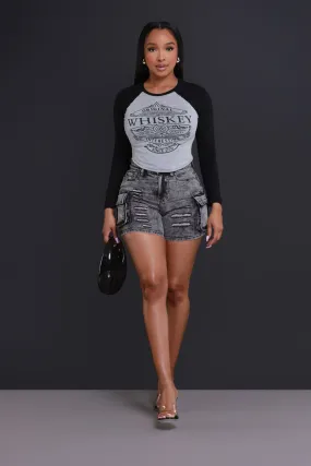 Blow The Whistle Denim Cargo Shorts - Washed Black