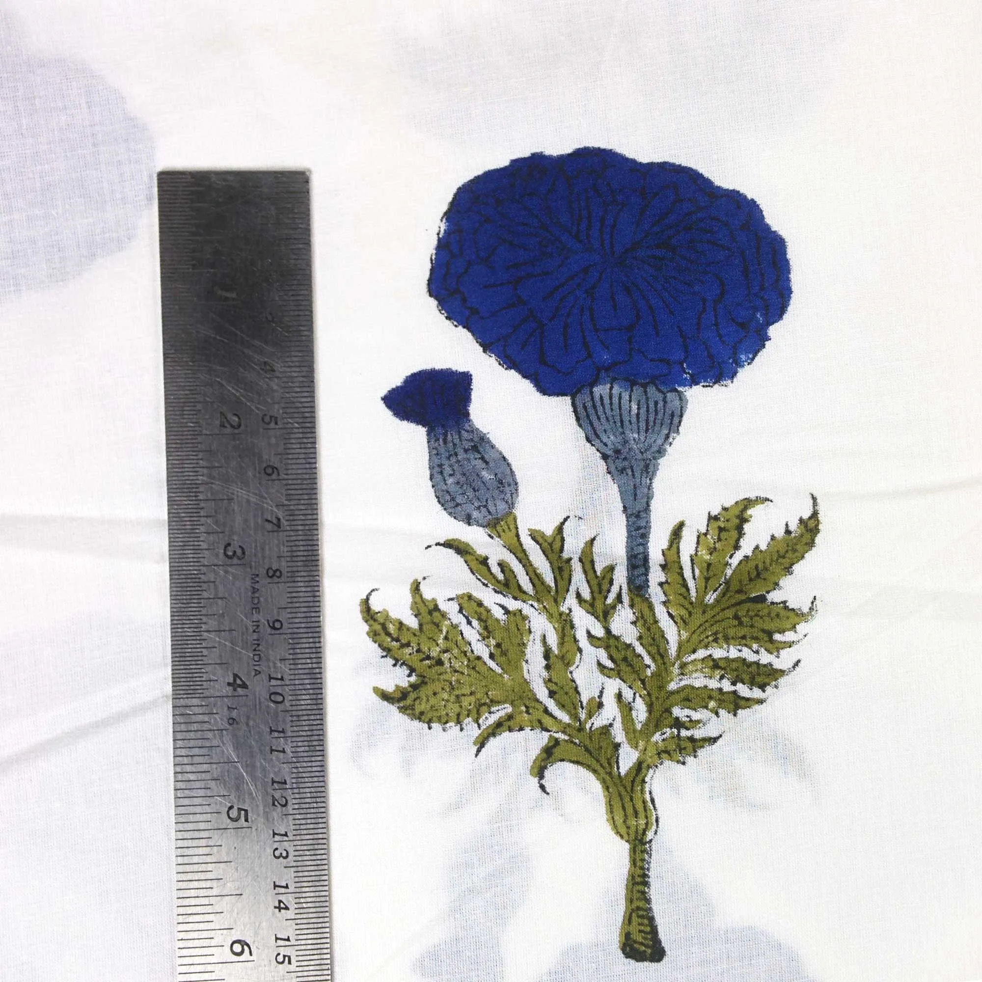 Blue and White Marigold Soft Cambric Cotton Fabric