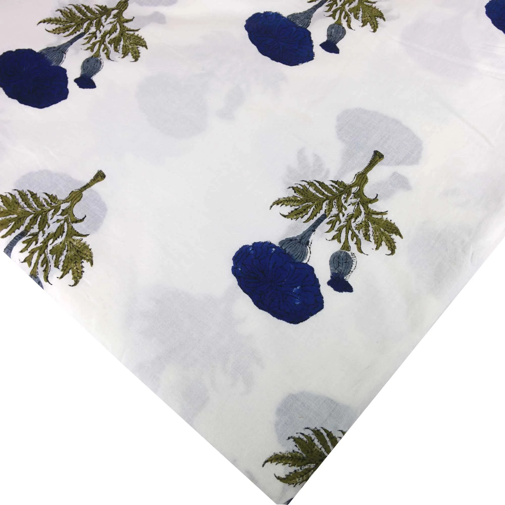 Blue and White Marigold Soft Cambric Cotton Fabric