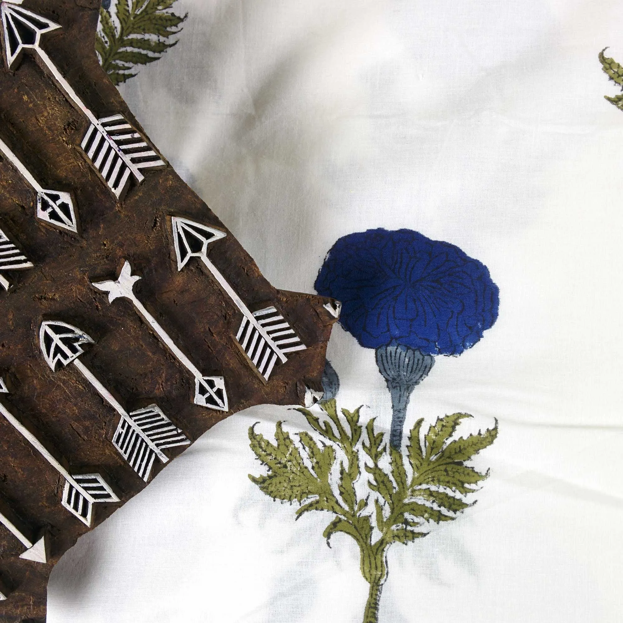Blue and White Marigold Soft Cambric Cotton Fabric