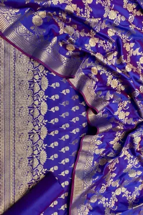 Blue Banarasi Silk Three Piece Unstitched Suit