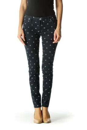 Blue Bow Patterned Slim-Fit Pants
