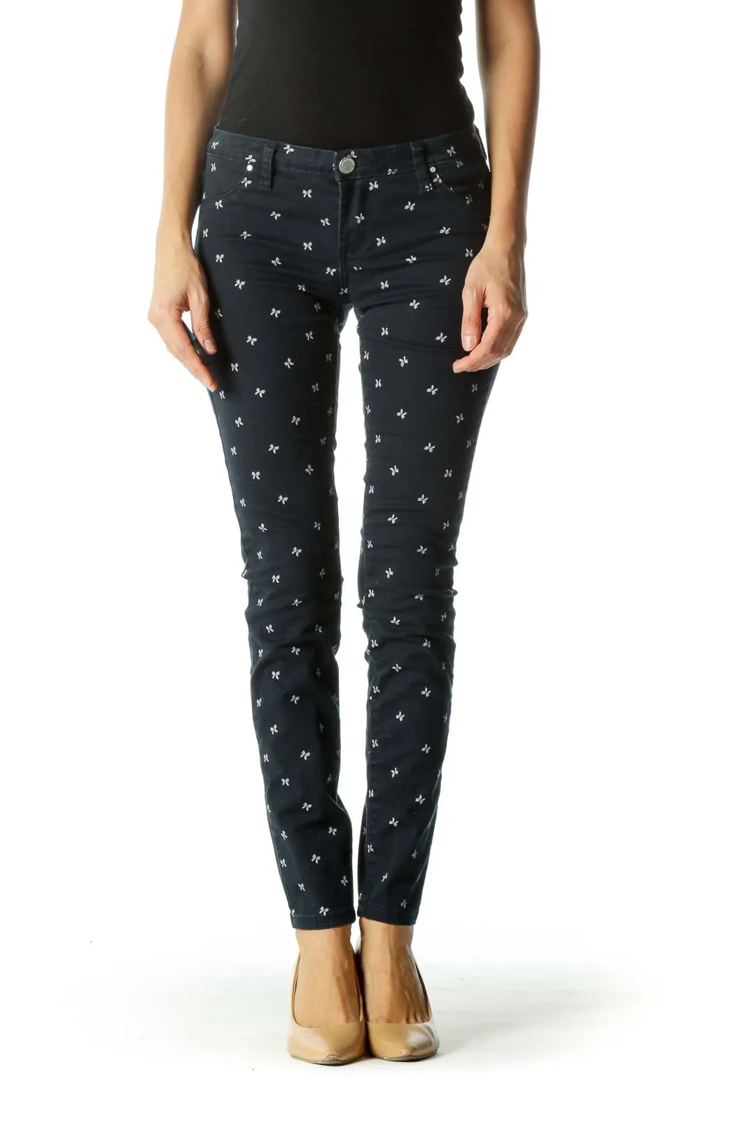 Blue Bow Patterned Slim-Fit Pants
