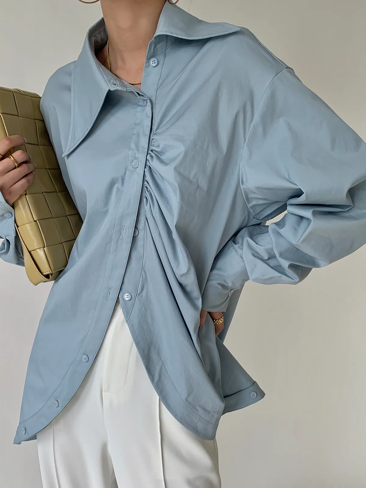 Blue Cotton Sharp Collar Blouse