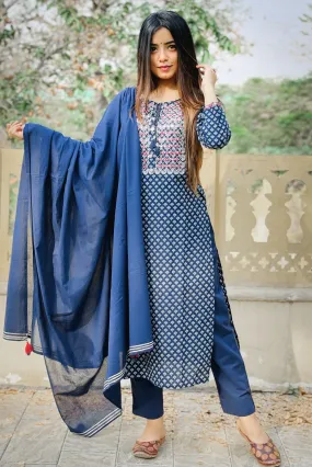 Blue Embroidered Cotton Suit Set