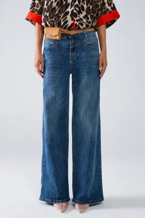 Blue Flare Jeans with Stitching Detail