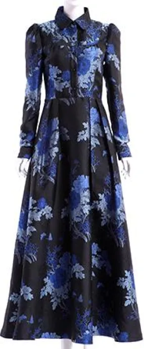 Blue-Floral Long-Sleeve Maxi Dress