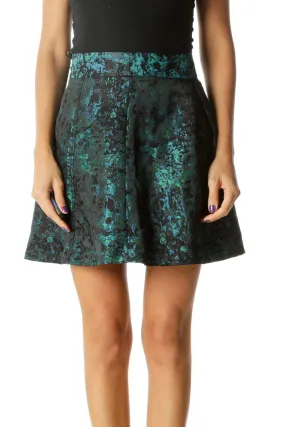 Blue Green Black Jacquard Pouf Mini Skirt