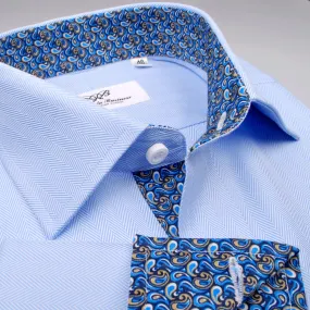 Blue Luxury Herringbone Formal Business Dress Shirt with Paisleys