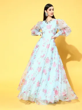 Blue Nylon Partywear Floral Dresses