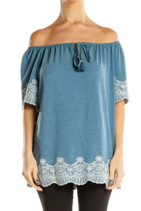 Blue Off The Shoulder Holiday Top With Embroidered Trim