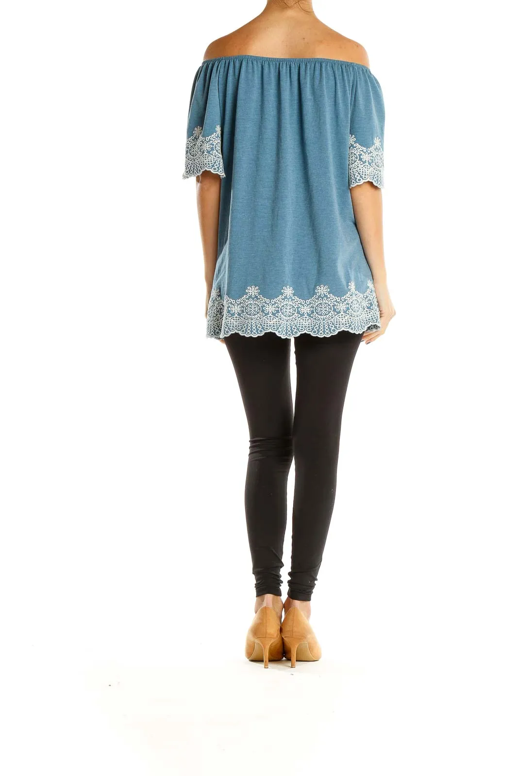Blue Off The Shoulder Holiday Top With Embroidered Trim