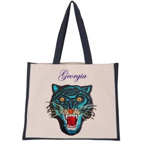 Blue Sequin Tiger Midi Tote Bag