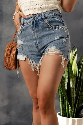 Blue Tassel Rhinestones Distressed Denim Shorts