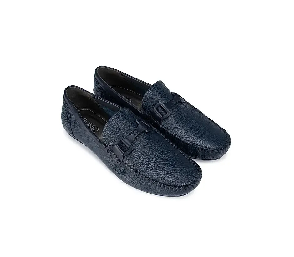 Blue Textured Moccasins with Leather Panel
