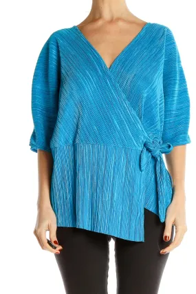 Blue Textured Wrap-Style Blouse