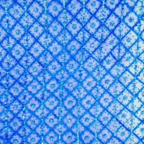 Blue Tulle With Floral and Square Bugle Beads Design Embroidered Fabric