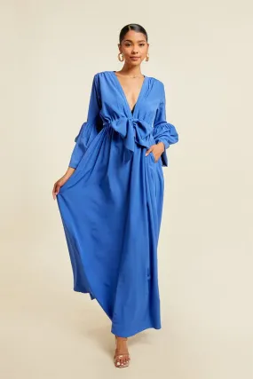 Blue V Neck Tie Up Maxi Dress