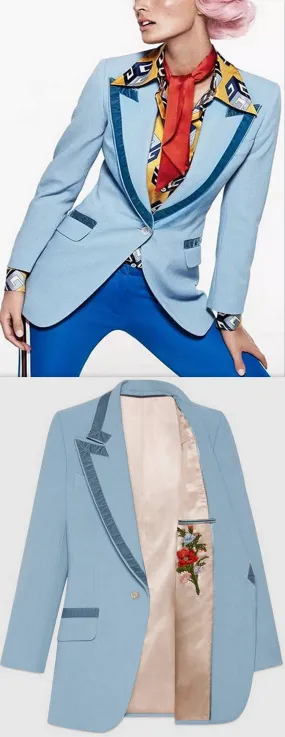 Blue Velvet-Trim Suit Jacket