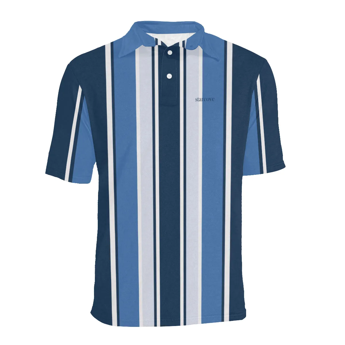 Blue Vertical Striped Men Polo Shirt, 90s Vintage Stripe Short Sleeve Classic Collared Button Down Up Rugby Golf Polo Gift for Him