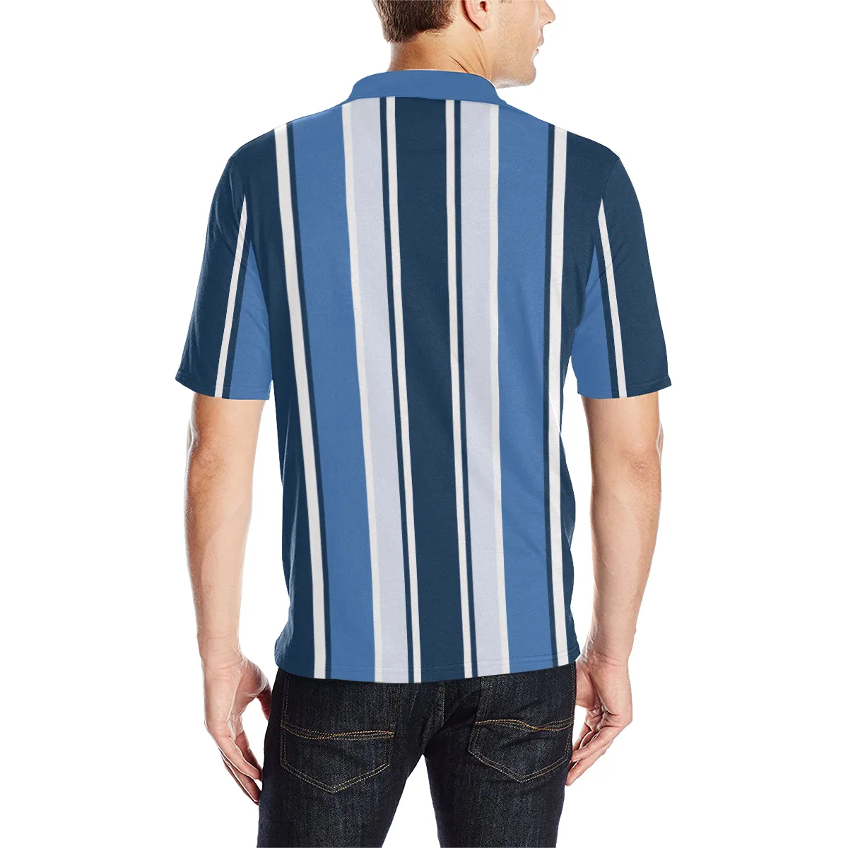 Blue Vertical Striped Men Polo Shirt, 90s Vintage Stripe Short Sleeve Classic Collared Button Down Up Rugby Golf Polo Gift for Him
