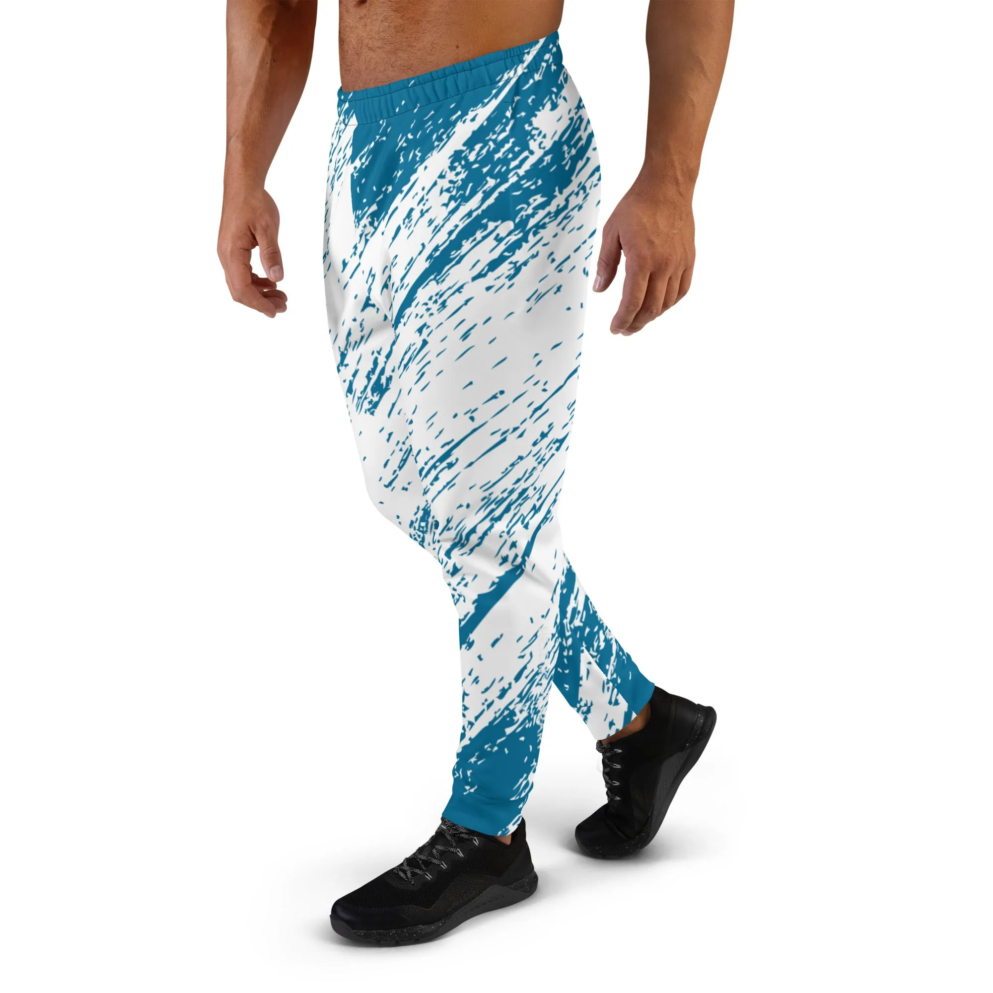 Blue White Abstract Men's Joggers, Best Abstract Slim-Fit Fashionable Sweatpants-Made in USA/EU/MX