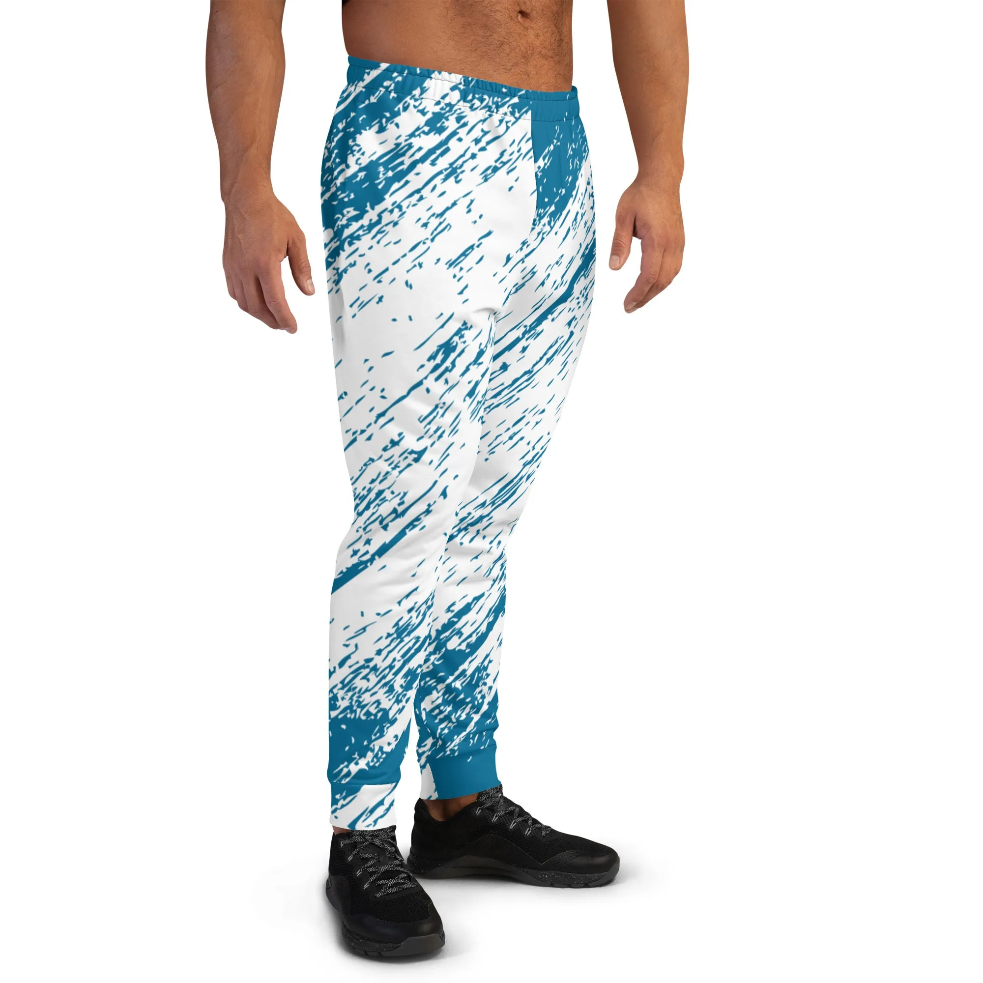 Blue White Abstract Men's Joggers, Best Abstract Slim-Fit Fashionable Sweatpants-Made in USA/EU/MX