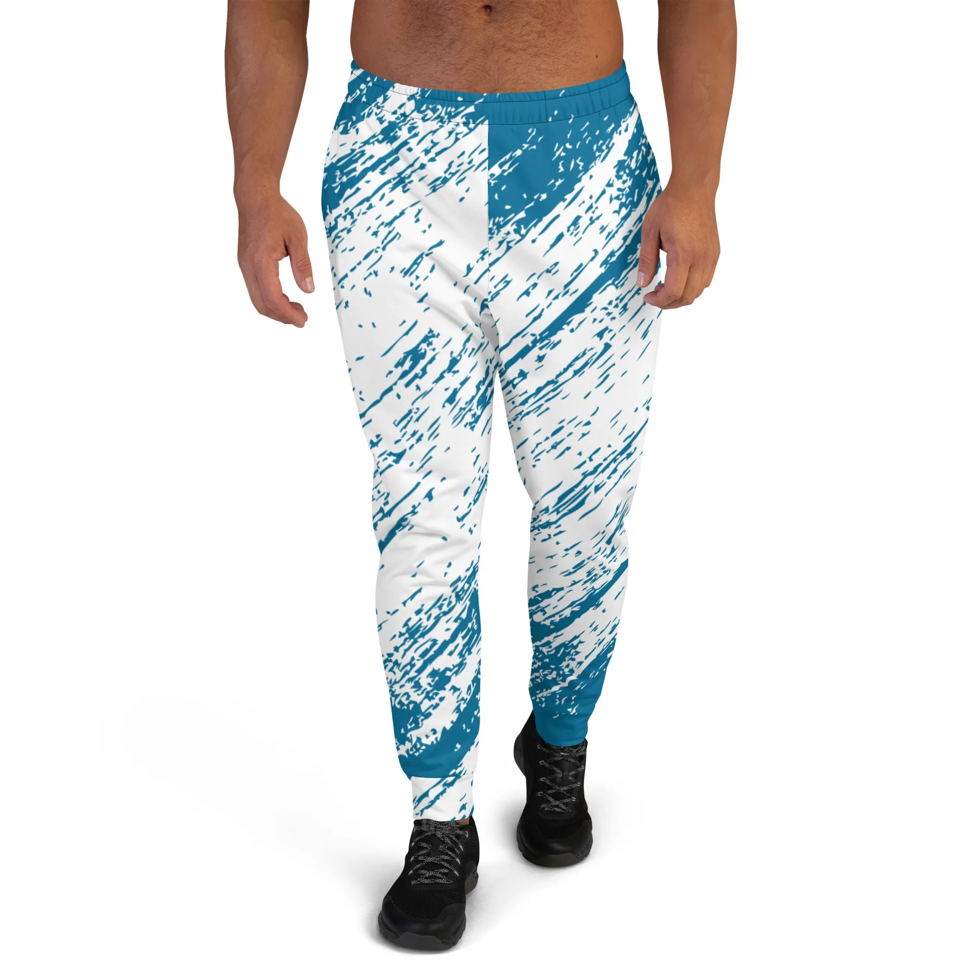 Blue White Abstract Men's Joggers, Best Abstract Slim-Fit Fashionable Sweatpants-Made in USA/EU/MX