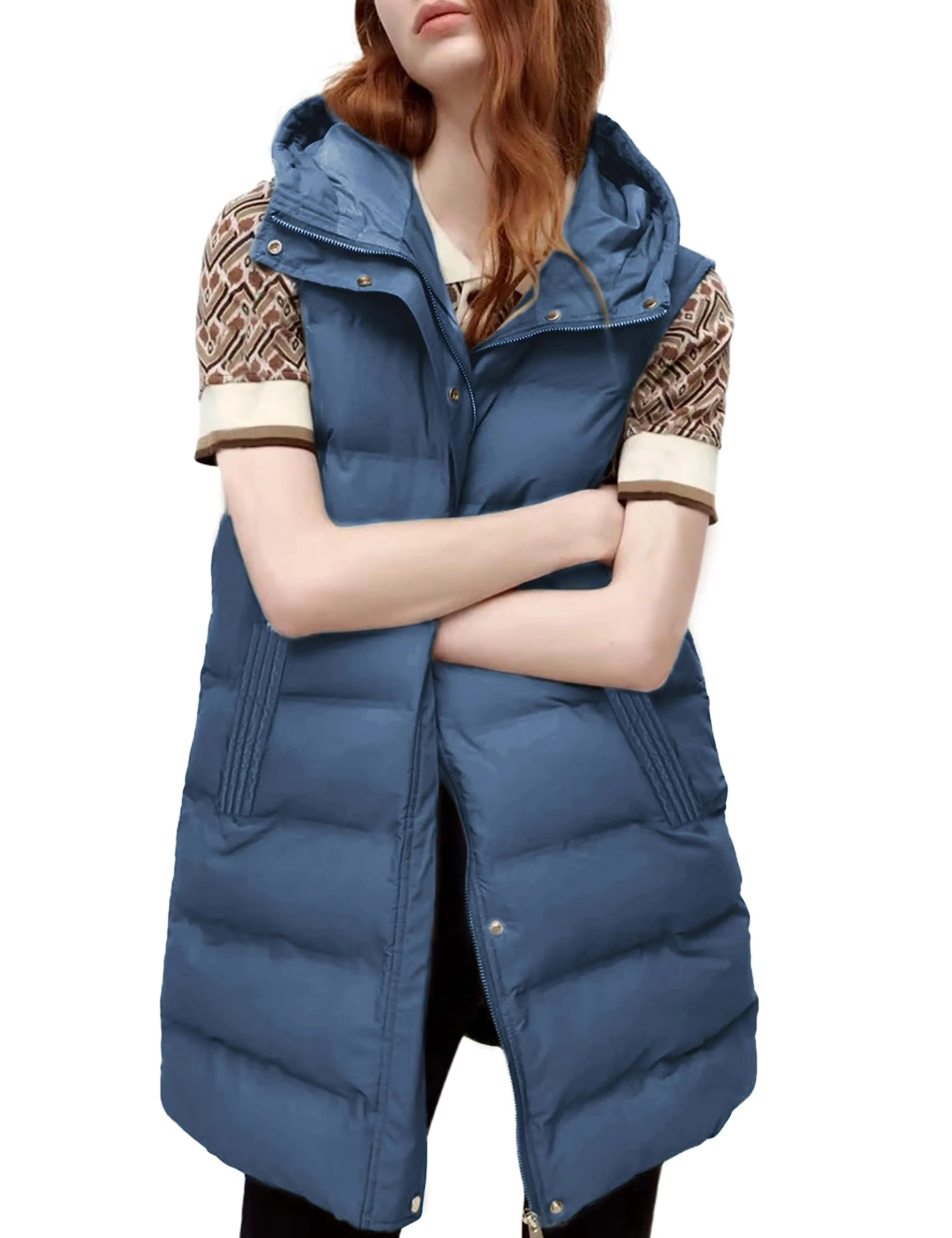 Blue Women's Long Puffer Vest Casual Sleeveless Puffy Jacket - Tanming