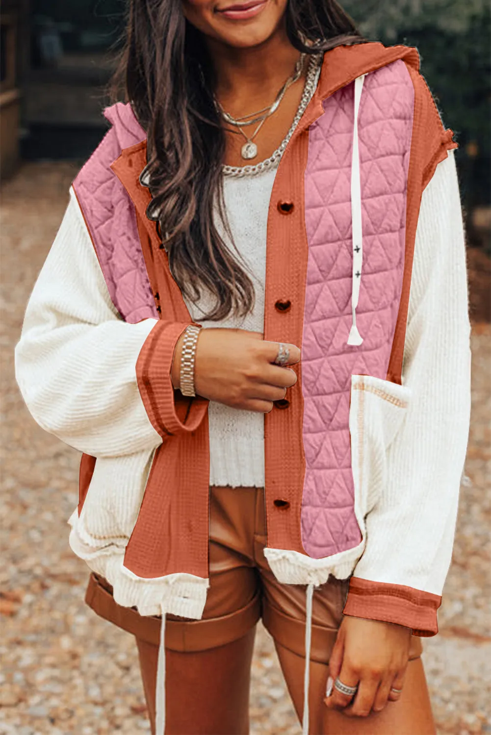 Blue Zone Planet |  Jungle Green Quilted Textured Patchwork Hooded Jacket