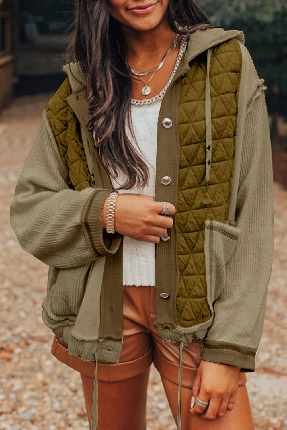 Blue Zone Planet |  Jungle Green Quilted Textured Patchwork Hooded Jacket