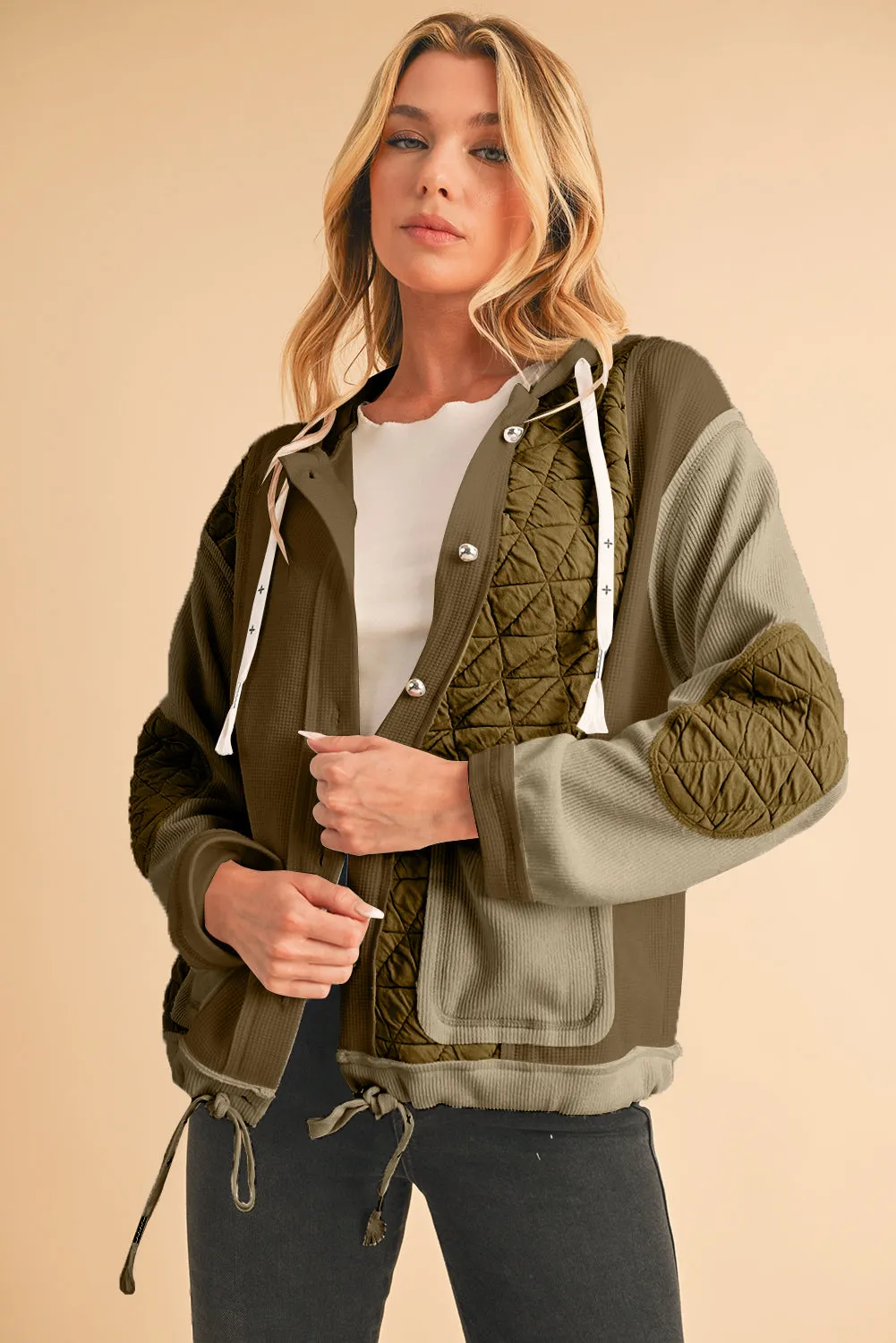Blue Zone Planet |  Jungle Green Quilted Textured Patchwork Hooded Jacket