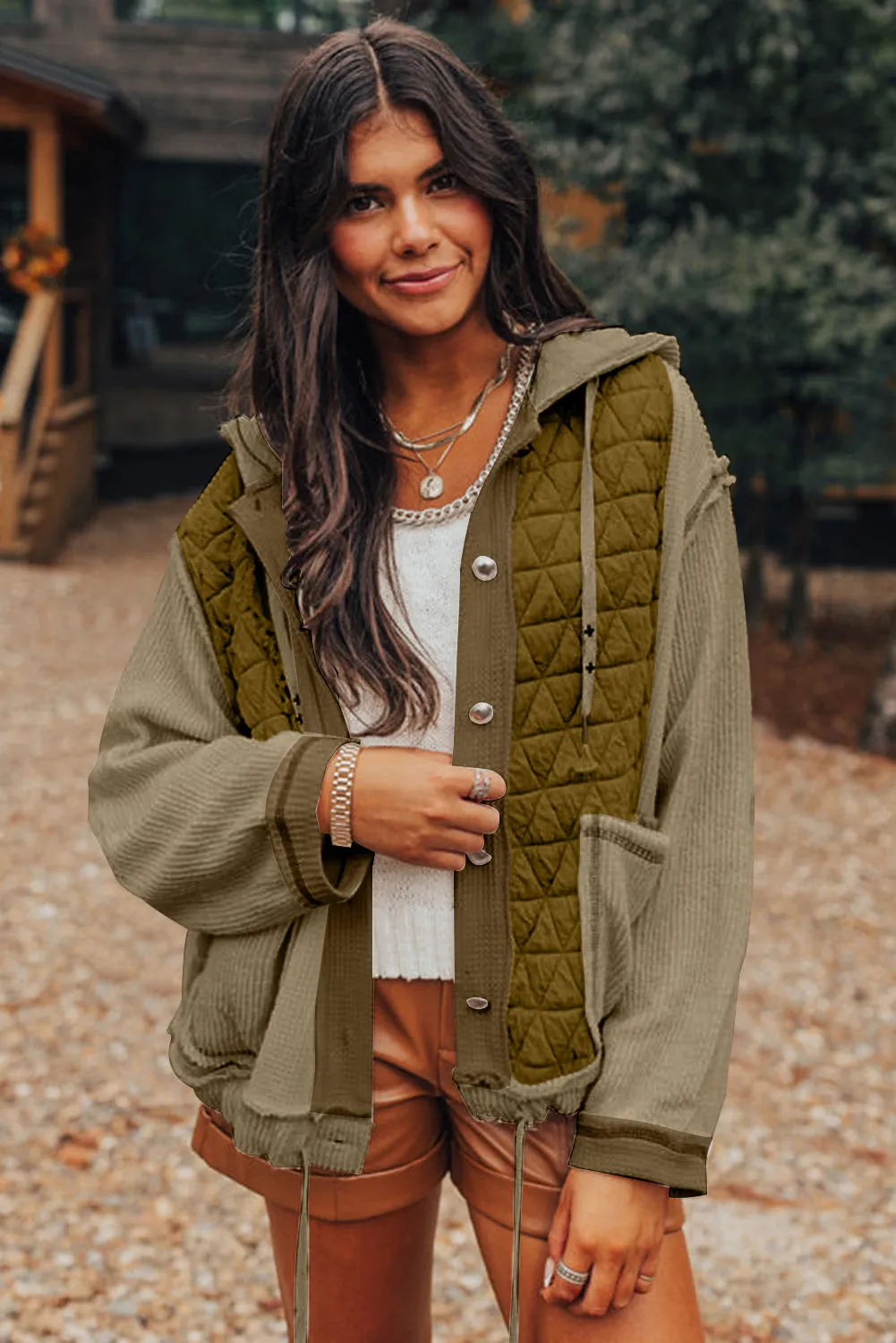 Blue Zone Planet |  Jungle Green Quilted Textured Patchwork Hooded Jacket