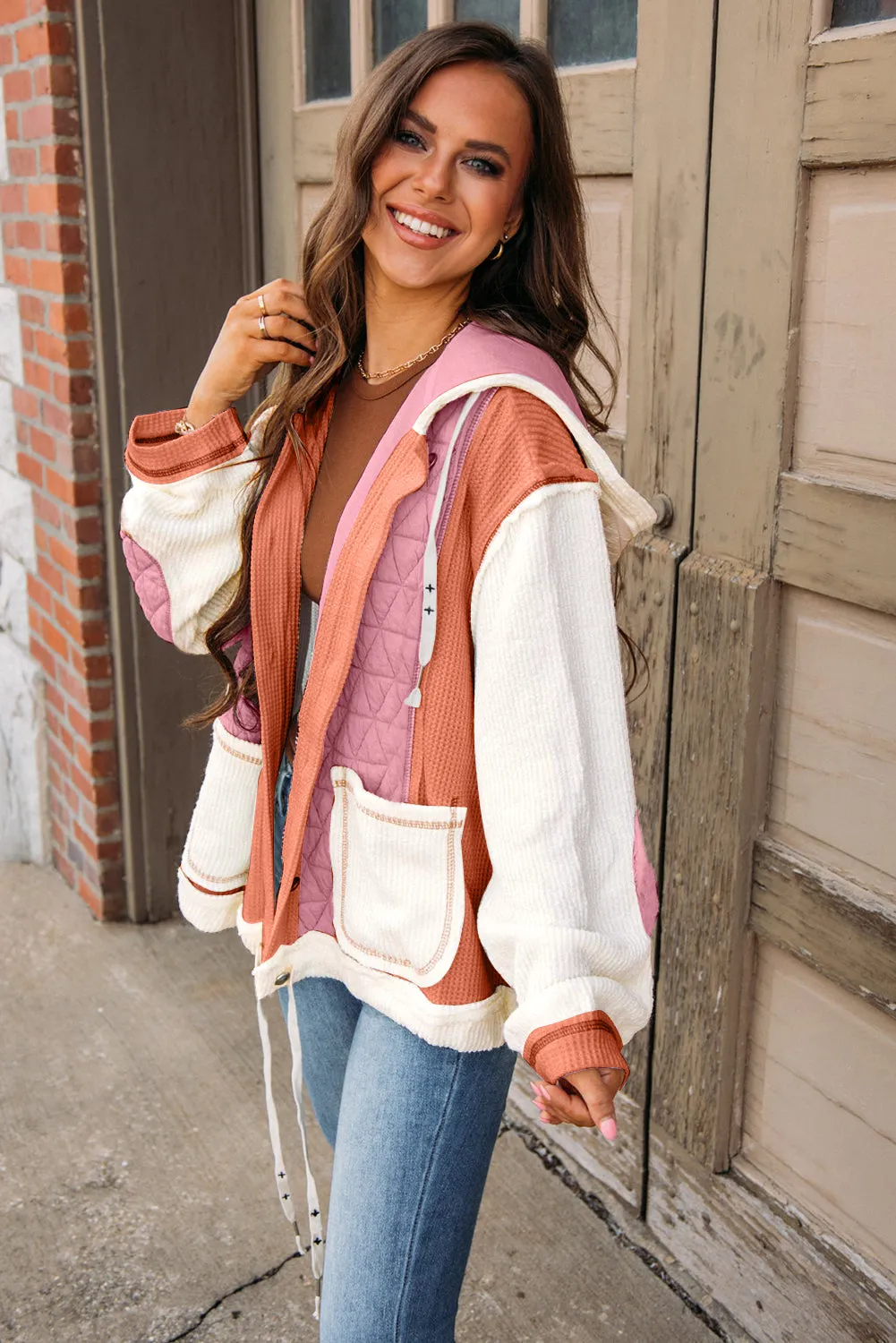 Blue Zone Planet |  Jungle Green Quilted Textured Patchwork Hooded Jacket