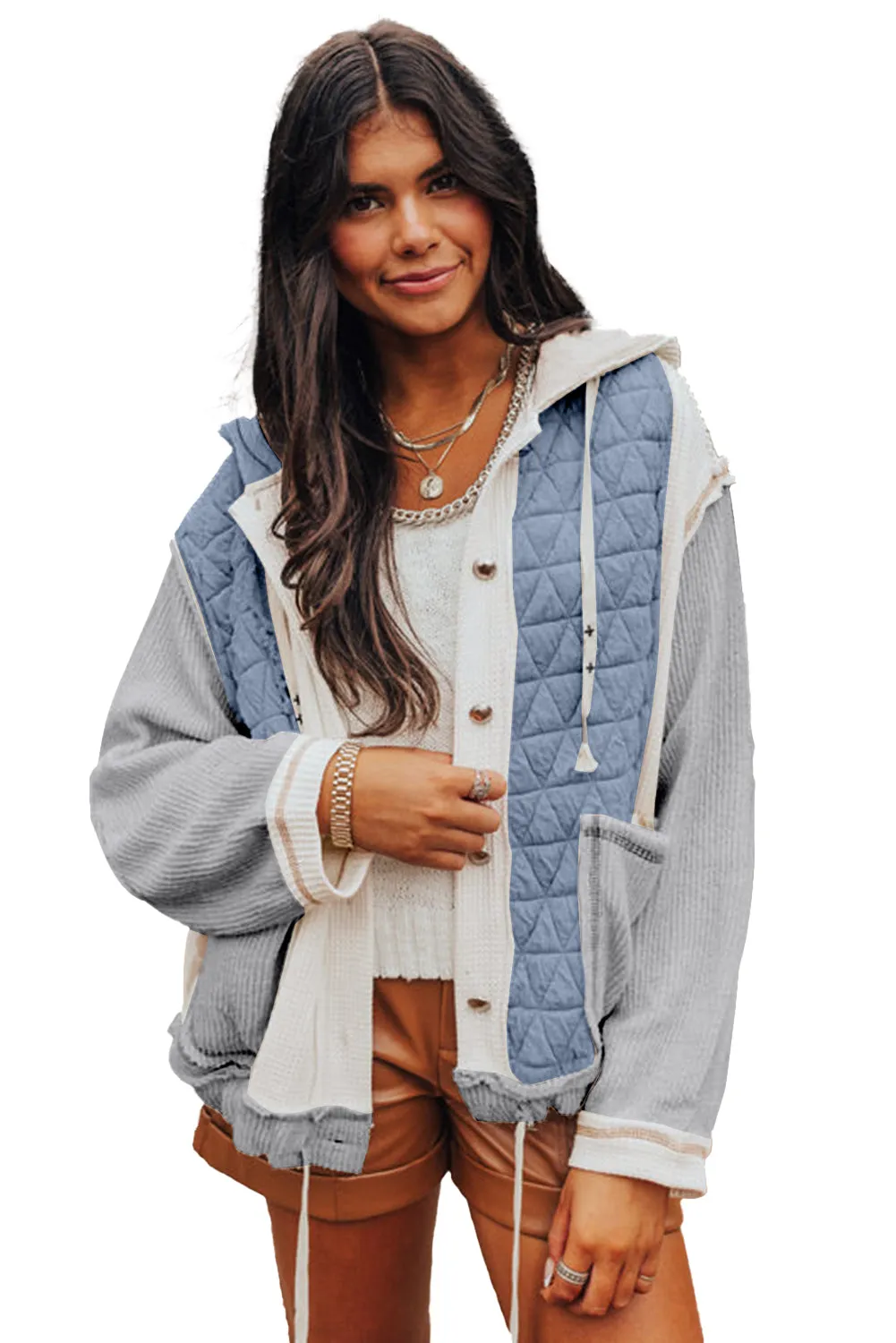 Blue Zone Planet |  Jungle Green Quilted Textured Patchwork Hooded Jacket