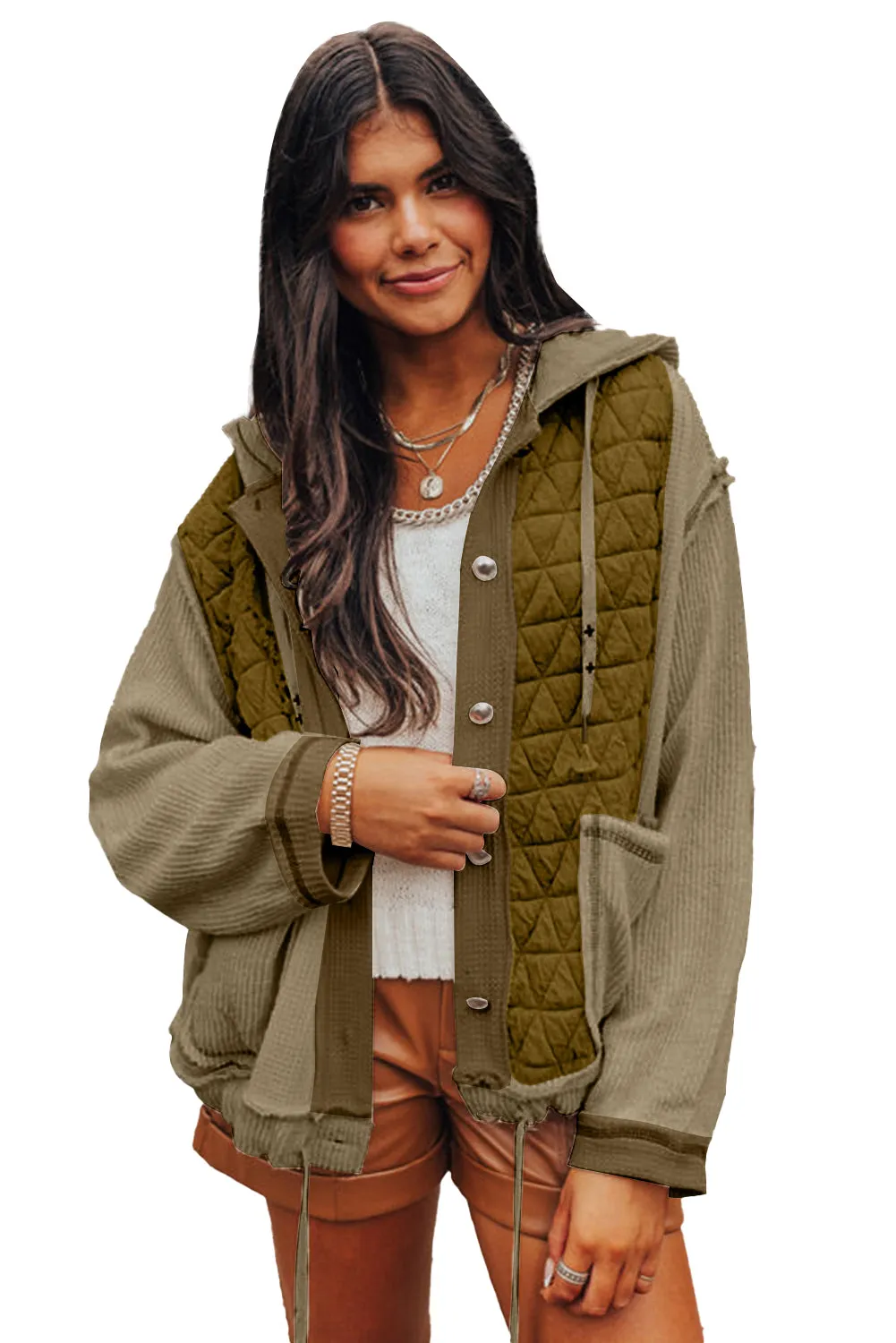 Blue Zone Planet |  Jungle Green Quilted Textured Patchwork Hooded Jacket