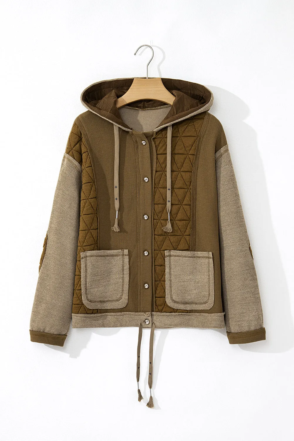 Blue Zone Planet |  Jungle Green Quilted Textured Patchwork Hooded Jacket