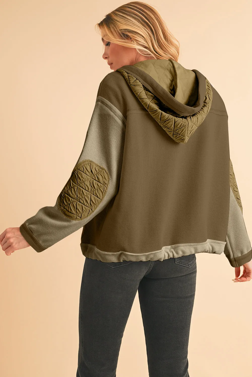 Blue Zone Planet |  Jungle Green Quilted Textured Patchwork Hooded Jacket