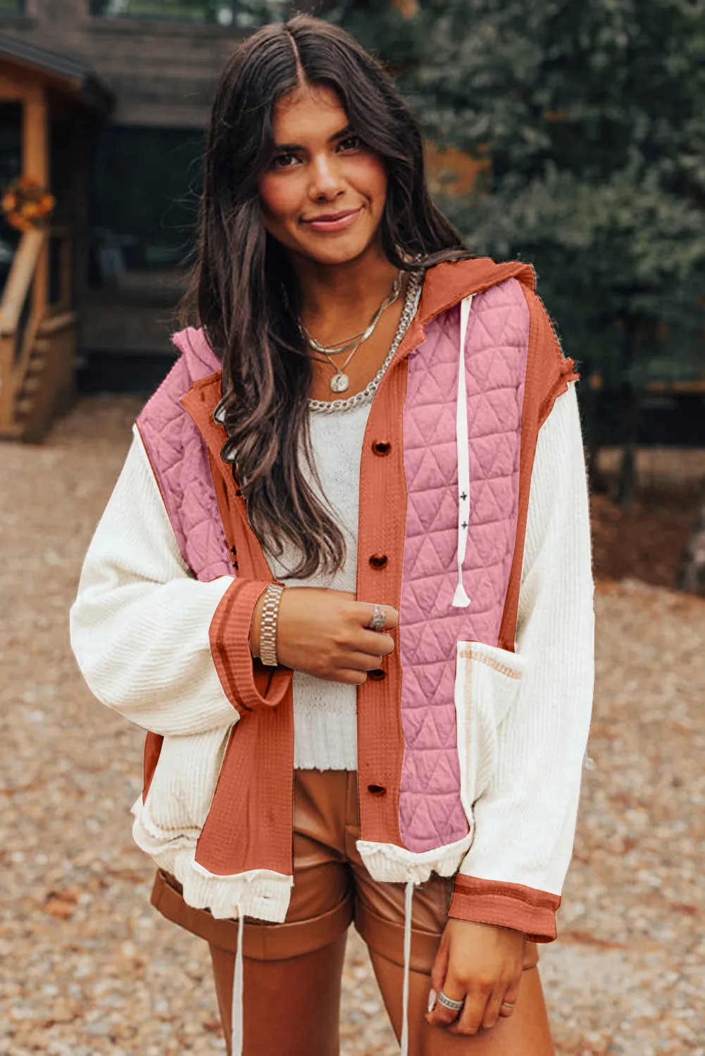Blue Zone Planet |  Jungle Green Quilted Textured Patchwork Hooded Jacket
