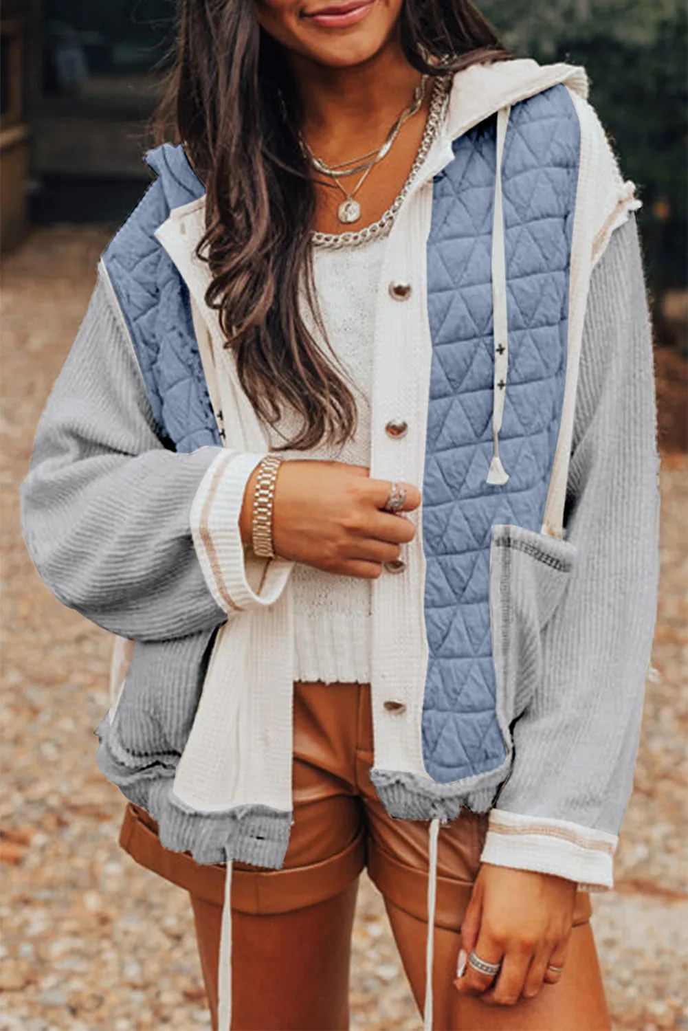Blue Zone Planet |  Jungle Green Quilted Textured Patchwork Hooded Jacket