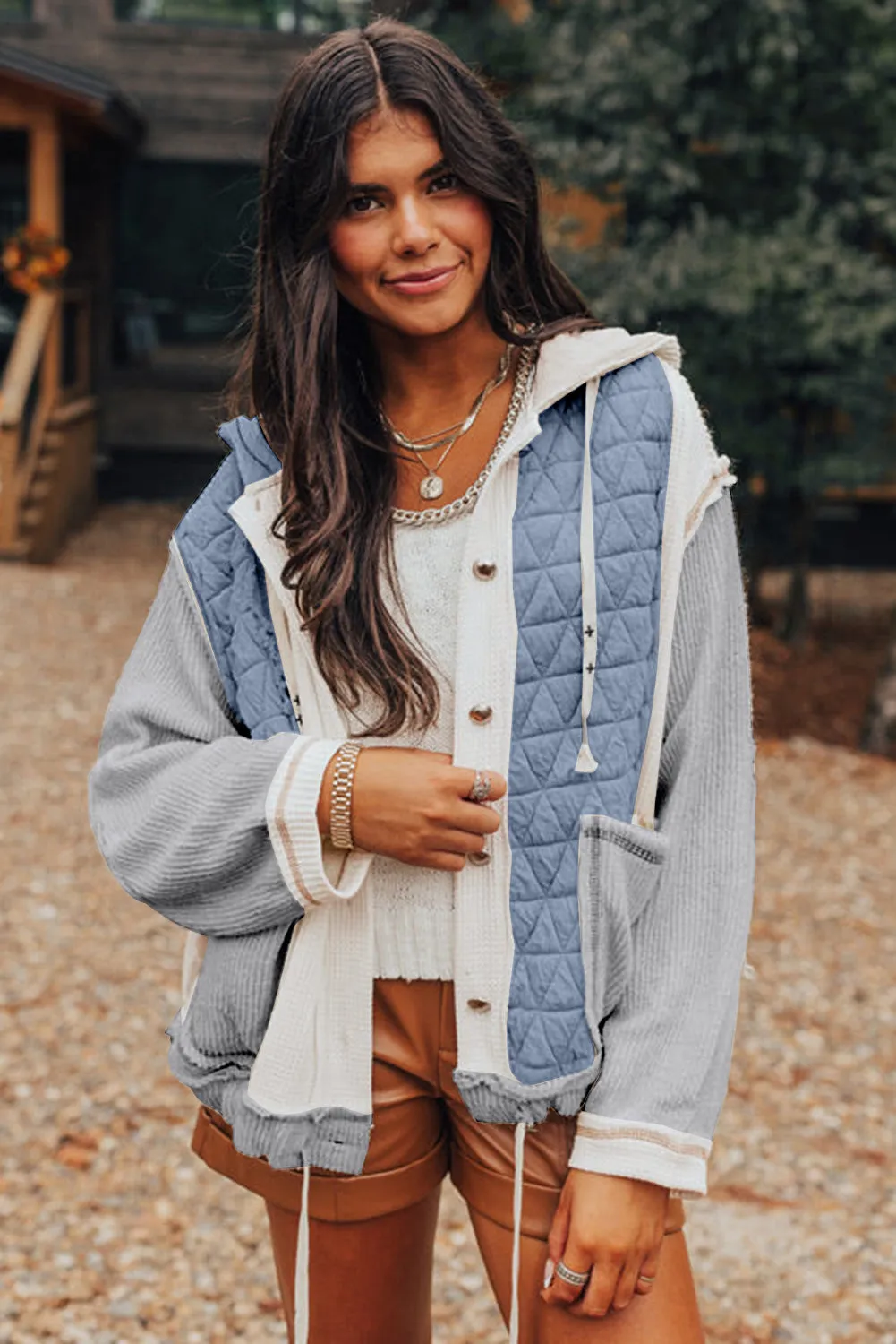 Blue Zone Planet |  Jungle Green Quilted Textured Patchwork Hooded Jacket