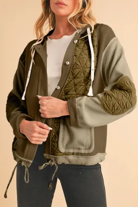 Blue Zone Planet |  Jungle Green Quilted Textured Patchwork Hooded Jacket