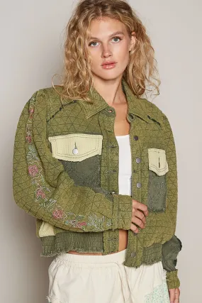 Blue Zone Planet |  POL Embroidered Sleeve Raw Edge Quilted Jacket