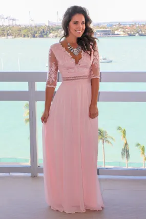 Blush V-Neck Maxi Dress with Mesh Embroidered Sleeves