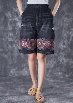 Bohemian Black Elastic Waist Embroideried Floral Denim Shorts Summer LY7046