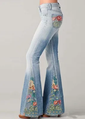 Bohemian Blue High Waist Patchwork Print Denim Flare Bottoms Summer LY4026