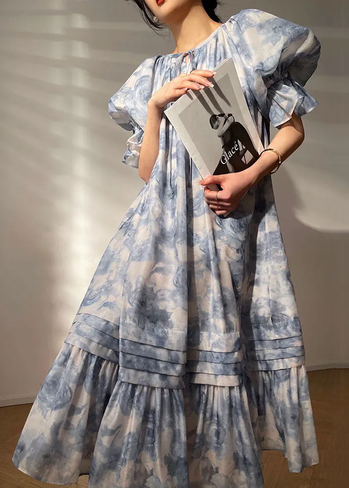 Bohemian Blue O Neck Patchwork Print Chiffon Dresses Summer LC0494