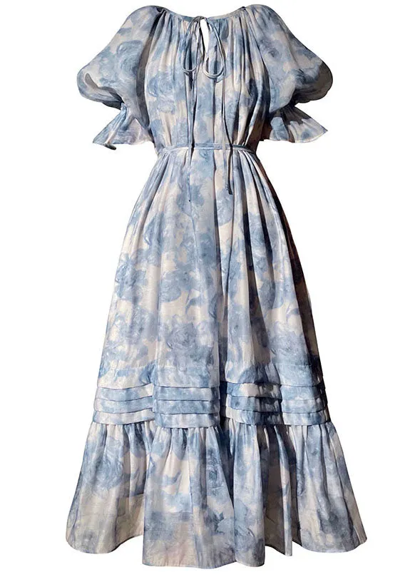 Bohemian Blue O Neck Patchwork Print Chiffon Dresses Summer LC0494