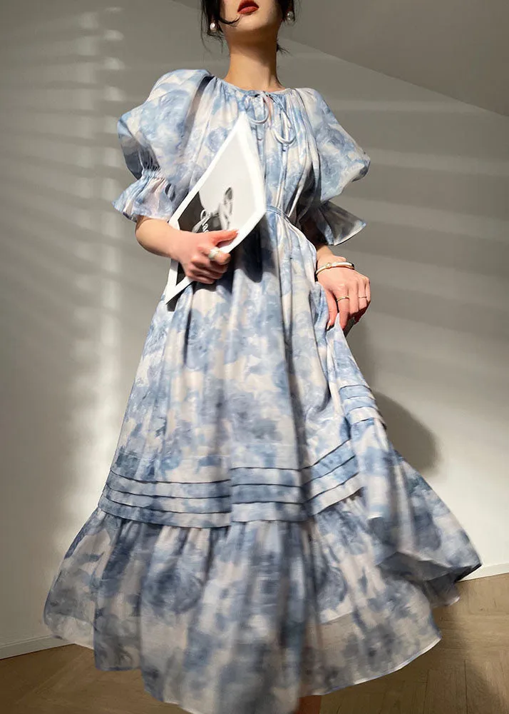 Bohemian Blue O Neck Patchwork Print Chiffon Dresses Summer LC0494